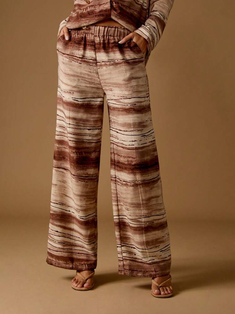 MISSGUIDED Watercolor Print Wide Leg Palazzo Pants Casual Resort Wear Elastic Waist Flowing Summer Beach Vacation Brown Earth Tones Lounge Evening Wear