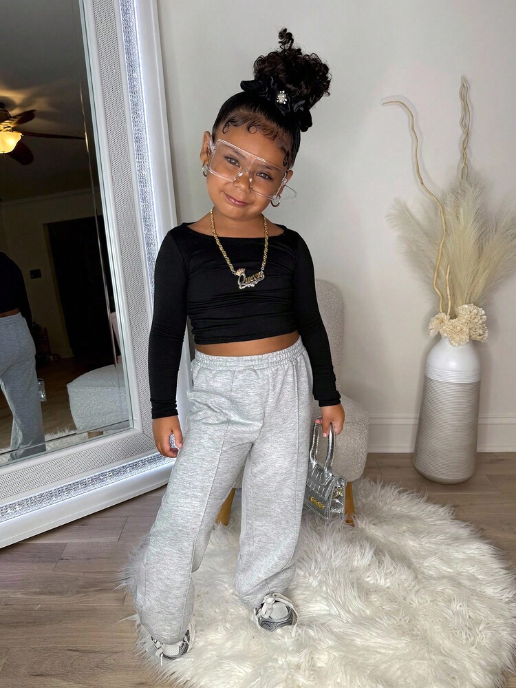 SHEIN 年轻女孩街头风针织纯色宽松直筒休闲裤，阔腿运动裤，宽松舒适运动裤，街头风针织纯色宽松直筒休闲裤，Y2K日常穿搭，校园风，休闲可爱风，姐妹装，母女装，万圣节秋冬运动裤 - 灰色 - 查看 5