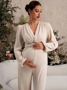 SHEIN 孕妇纯色扭腰灯笼袖阔腿连体裤 - 灰色 - 查看 5