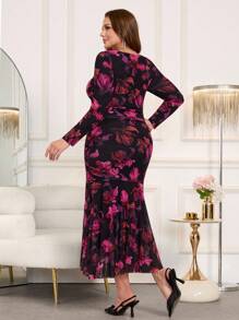 Gownix Plus Size Women's Black Floral Print Elastic Mesh Midi Bodycon Dress,Elegant Autumn Formal Evening Wedding Dresses,Date Night Outfit Festival Clothes - Multicolor - View 3
