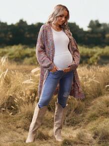 SHEIN Pregnant Women's Textured Pattern Long Sleeve Open Front Casual Thin Cardigan