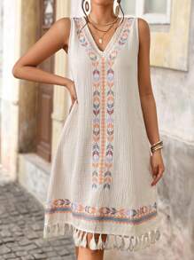 Brillora Vestido con estampado geométrico estilo boho y flecos en el bajo para el verano - Albaricoque - Ver 4