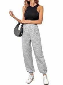 EMERY ROSE Elegant & Casual High Waist Loose Waffle Plaid Tapered Leg Women Pants, Autumn/Winter Fall Cloth For Women - Grey - View 8
