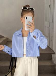 SHEIN Tween Girls Long Sleeve Blue Striped Loose Cropped Shirt - Blue - View 1