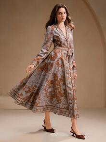 Anewsta Autumn/Winter Brown Vintage Bohemian Print Tie-Front Long Dress For Women - Coffee Brown - View 6
