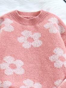 SHEIN Tween Girl 休闲花卉提花超大套头衫和阔腿裤 2 件套，适合室内和室外，粉色，秋冬 - 藕粉色 - 查看 3