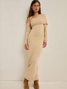 Nöista 优雅通勤纯色不对称领长款针织连衣裙，秋冬 - 杏色 - 查看 6