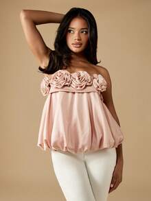 MISSGUIDED Elegant Roses Puff Ball Top Evening Party Special Occasion Bubble Hem Statement Piece Sophisticated Design Evening Reception Glamorous Crafted Fabric Embellishment - Pink - View 1