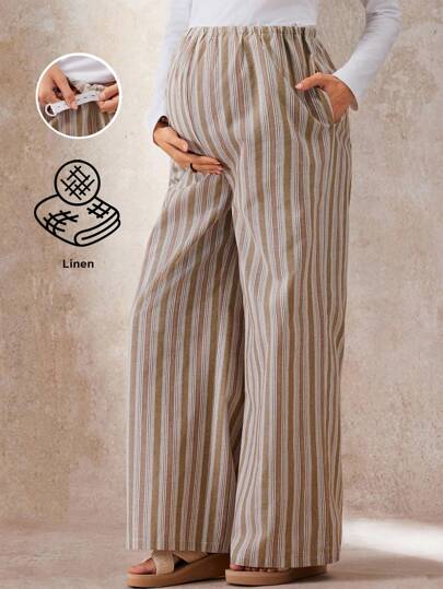 Boho Mama Adjustable Waistband Striped Pocket Maternity Wide Leg Loose Casual Boho Pants Going Out Outfits