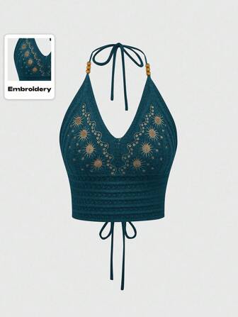 Hippie Damen Blumen Stickerei Trägertop aus Strick