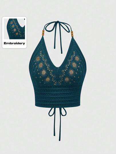 Hippie Top tricoté à encolure ras-du-cou avec broderie florale pour femmes