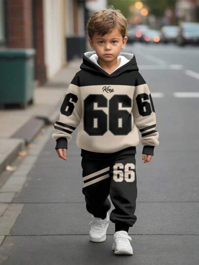 SHEIN 年轻男孩休闲简约棒球文化拼布，数字 66 图形印花短袖圆领 T 恤，适合秋冬季，返校服装，男孩服装，儿童男孩服装，男孩服装