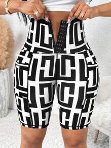 SHEIN Lady 加大码女式几何印花纽扣设计短款紧身裤商务休闲女装