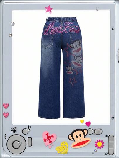 Paul Frank X ROMWE Jeans à jambe large pour femmes grandes tailles avec motif de dessin animé et décoration de strass