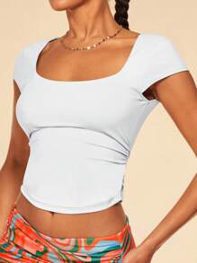 SHEIN BAE Square Neck Ruched Side Crop Tee - White - View 4
