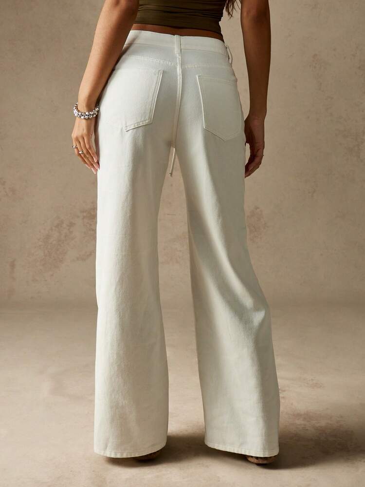 MISSGUIDED Wide Leg White Denim Pants With Lace Up Front
