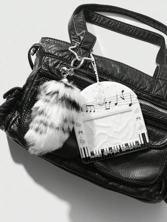 Grunge Punk 1 pieza Portacartas horizontal de PVC con decoración de cola de animal de piel sintética de estilo retro minimalista Y2K de alta calidad en degradado blanco y negro, con nota musical pulsante, tecla de piano y corazón, adecuado para trabajadores de oficina, estudiantes, uso diario, regalo de vacaciones