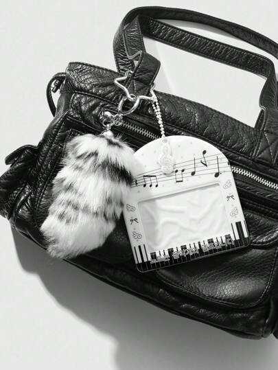Grunge Punk 1pc Y2K Style Minimalist Retro Chic High-Quality Black & White Gradient Faux Fur Animal Tail Horizontal PVC Card Holder With Pulsing Music Note, Piano Key, Heart Decor, Suitable For Office Workers, Students, Daily Wear, Holiday Gift