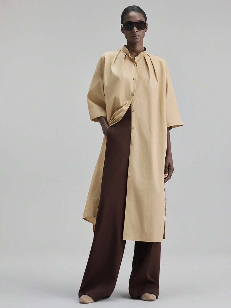 2025 Autumn Women's Solid Color Pleated Drop Shoulder Long Sleeve Single-Breasted Casual Loose Long Dress, Elegant Ladies Dress For Vacation, Beach, Music Festival, Teacher Outfit, Business Casual Office Wear