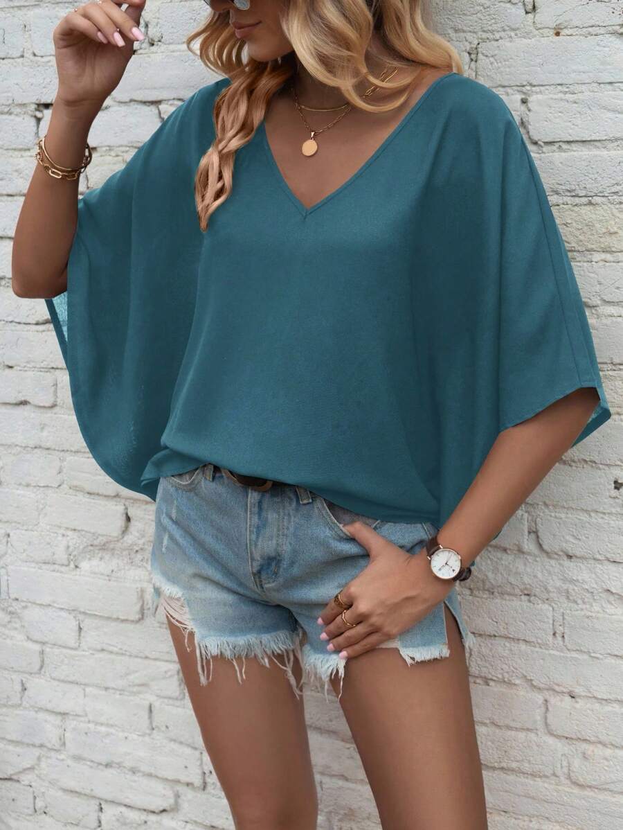 EMERY ROSE Damen Einfarbiges V-Ausschnitt Fledermausärmel Locker Lässig Hemd