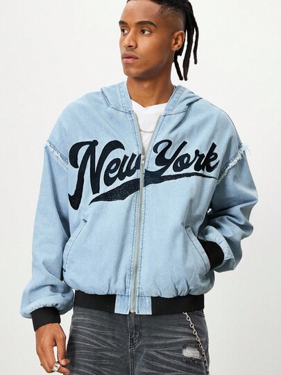 Street Life Giacca di jeans casual con cappuccio, chiusura lampo frontale e stampa di lettere con bordi sfilacciati, per uomo