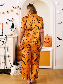 Chillnights Plus Size Faux Silk Shirt Collar Halloween Funny Pumpkin Print Set - Orange - View 12