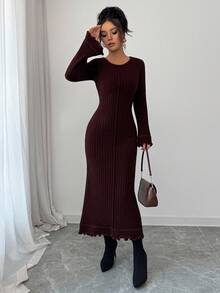 Selianne Váy len tay loe viền bèo nhún dệt kim màu đỏ tía thanh lịch dành cho nữ, tạo nên bầu không khí nhẹ nhàng và lãng mạn - màu nâu - Xem 6