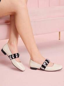 CUCCOO DOLLMOD 女式平底红色方头格子玛丽珍鞋，校园风格，日式可爱低跟鞋 - 米色 - 查看 4