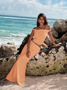 Opulessa Solid Color Knit Fitted Crop Top For Women Off The Shoulder Top - Burnt Orange - View 3