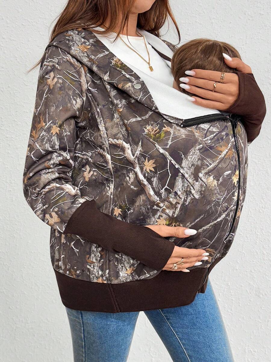 SHEIN Maternity Camouflage Print Zip Up 3-In-1 Nursing Hooded Coat Women's Fall Clothes Halloween Clothes - Army Green - View 1