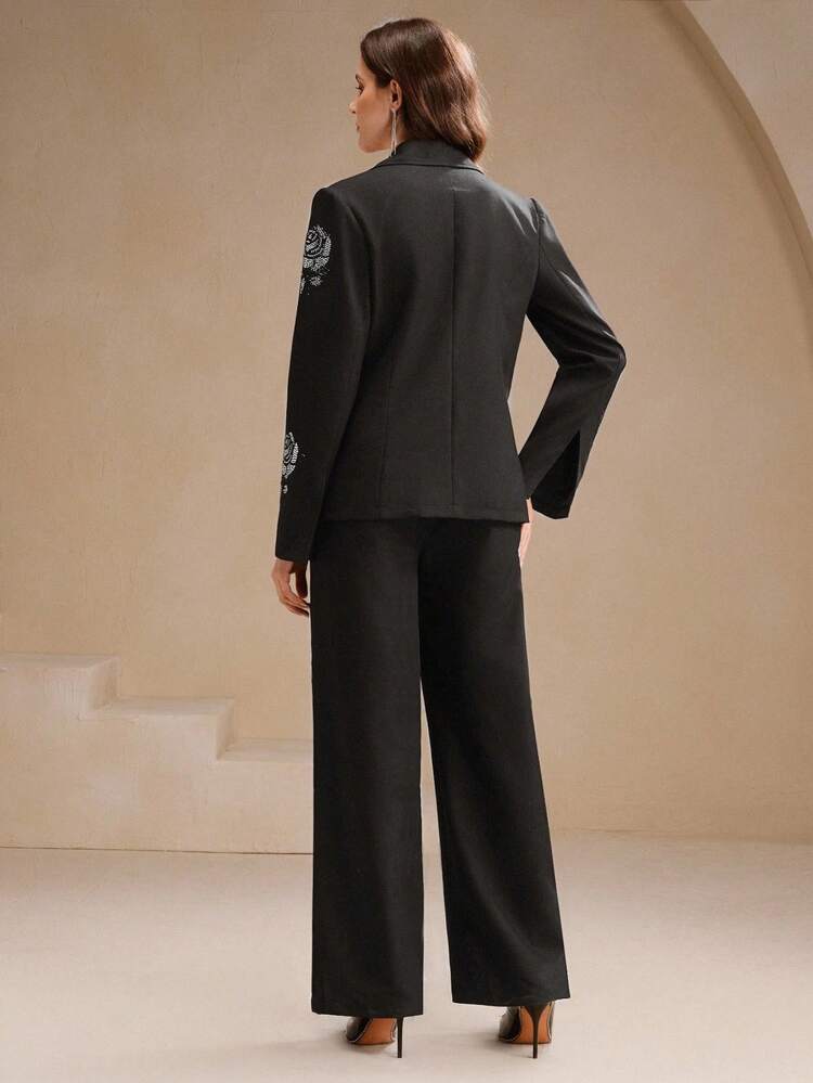 Conjunto elegante y digno de 2 piezas con adornos de strass para mujer, de moda en negro, adecuado para otoño, invierno, Año Nuevo, elegante, chic, con estilo, Navidad, salir