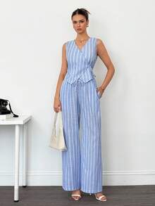 SHEIN Tall 2 pièces Ensemble Top enveloppant rayé et pantalon pour femmes, décontracté et affinant, convient pour l'été et l'automne
