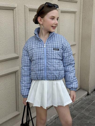 SHEIN Tween Girl Casual Stand Collar Short Blue, White & Black Plaid Padded Coat, Winter