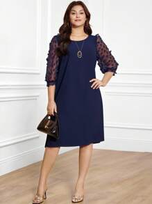 Miaspire Plus Size Summer Elegant 3D Floral Decor Mesh Patchwork Dress, Dress,Flower/Vacation/Spring - Navy Blue - View 4