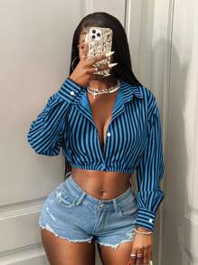 BamGleam Casual Commute Striped Cropped Sexy Shirt Back To School Fashion Fall Cloth For Women - Royal Blue - View 4
