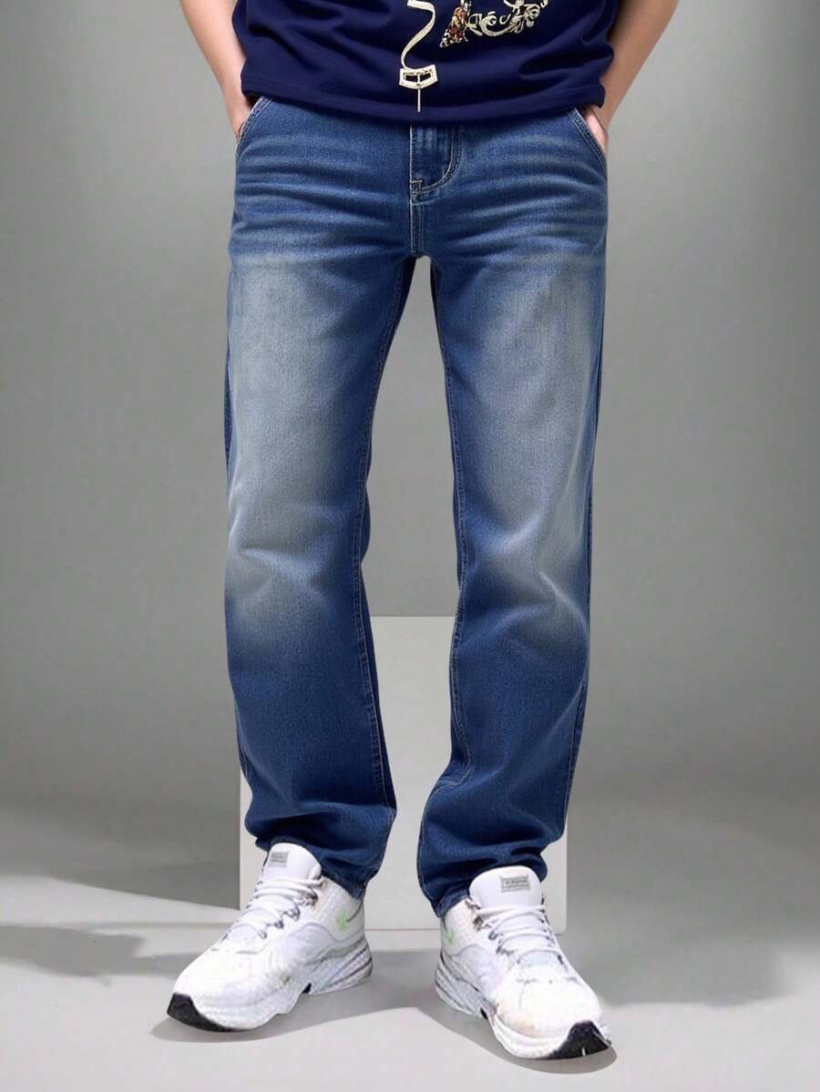 Teen Boy Jeans, New Autumn/Winter Style, Casual Fashion Versatile, Retro Washed Blue Denim Straight Leg Jeans, For Fashionable Teenagers - Medium Wash - View 1