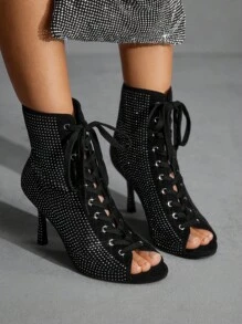 CUCCOO SZL Black Suede Rhinestone Embellished Fashion Street Style Round Toe Ankle Boots - Black - View 1