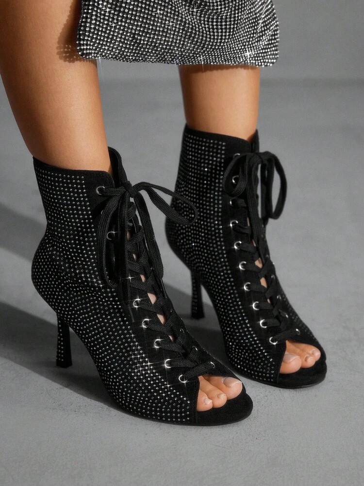CUCCOO SZL Black Suede Rhinestone Embellished Fashion Street Style Round Toe Ankle Boots