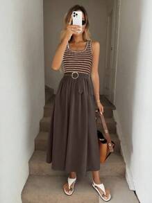 SHEIN LUNE Rochie de vară pentru femei, fără mâneci, cu dungi, model patchwork - Maro - Vizualizare 4