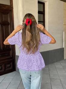 Pariaura 女款短袖上衣，刺繡花卉設計，泡泡袖，鏤空刺繡，春/夏 - 淡紫色 - 查看 2