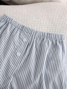 Tween Girls Comfortable Casual Base Striped Camisole + Short Lace Splice Set, Daily Wear, INS Style - Blue - View 4