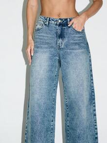 KIZN Blugi din denim cu talie înaltă, cu picior larg, inspirați din stilul vintage, pantaloni lungi clasici, distressed, cu tiv brut, pentru o garderobă modernă, stil stradal esențial