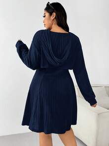 SHEIN EZwear 大码海军蓝厚实罗纹卫衣连衣裙套装，初秋 - 藏蓝色 - 查看 2