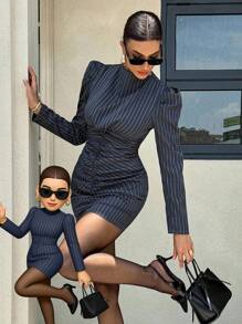 Siren Gaze New Autumn Exquisite Commuter Dress For Women, Navy Blue Stripes Old Money Style Commuter Wear, Office Siren Style, Exquisite And Elegant Dress,High Waist Mini Dress, Modern Fashion Office Dress, Pinstripe Dress Long Sleeve Dress Fitted Dress,Business Casual Woman,Teacher Clothes ,Fall Clothes,Fall Dresses For Women Winter Party