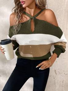 SHEIN Clasi Women's Loose Fit Contrast Stripe Long Sleeve Cowl Neck Sweater Autumn Winter Clothes For Women