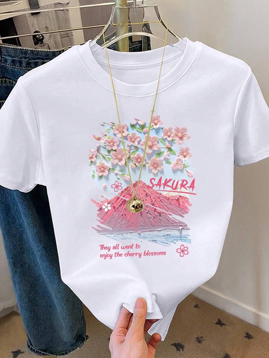 SHEIN 女式常规休闲印花短袖圆领T恤 - 白色 - 查看 1