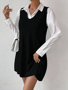 SHEIN LUNE 1pc V Neck Sweater Dress Without Blouse - Black - View 4
