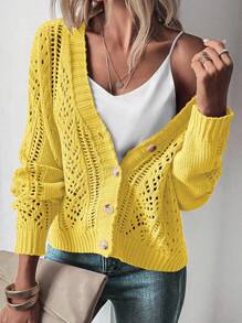 EMERY ROSE Casual Versatile Solid Color Hollow Out Knit Cardigan Knitted Casual Spring Fall Winter - Yellow - View 3