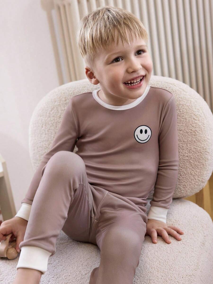 4pcs/Set Young Boy Casual Solid Color Patchwork Crew Neck Long Sleeve Top And Pants Homewear Set - Brown - View 1
