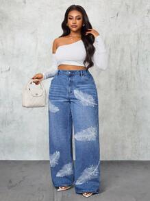 Slaydiva Quần jean ống rộng dáng rộng họa tiết lông vũ cỡ lớn dành cho nữ - Màu xanh lam - Xem 6